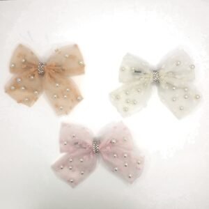 Set of 3 Sparkling Pearl Ribbon Bow Hair Clips – Elegant Organza Tulle Hair Bows with Rhinestone Centers – 3-Piece Pack of Aesthetic Hair Accessories for Girls and Women