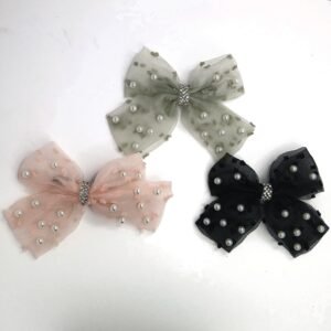 Set of 3 Sparkling Pearl Ribbon Bow Hair Clips – Elegant Organza Tulle Hair Bows with Rhinestone Centers – 3-Piece Pack - Aesthetic Hair Accessories for Girls and Women