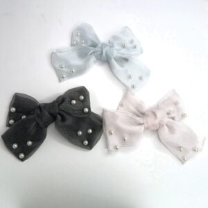Set of 3 Shimmering Pearl Organza Hair Bows – Elegant Wavy Sheer Ribbon Clips – 3 Piece Pack - Aesthetic Hair Accessories for Women and Girls
