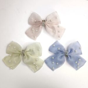 Set of 3 Sparkling Pearl Ribbon Bow Hair Clips – Elegant Organza Tulle Hair Bows with Rhinestone Centers – 3-Piece Pack of Pastel and Neutral Aesthetic Hair Accessories for Girls and Women
