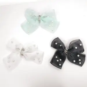 Set of 3 Sparkling Pearl Ribbon Bow Hair Clips – Elegant Organza Tulle Hair Bows with Rhinestone Centers – 3-Piece Pack Aesthetic Hair Accessories for Girls and Women