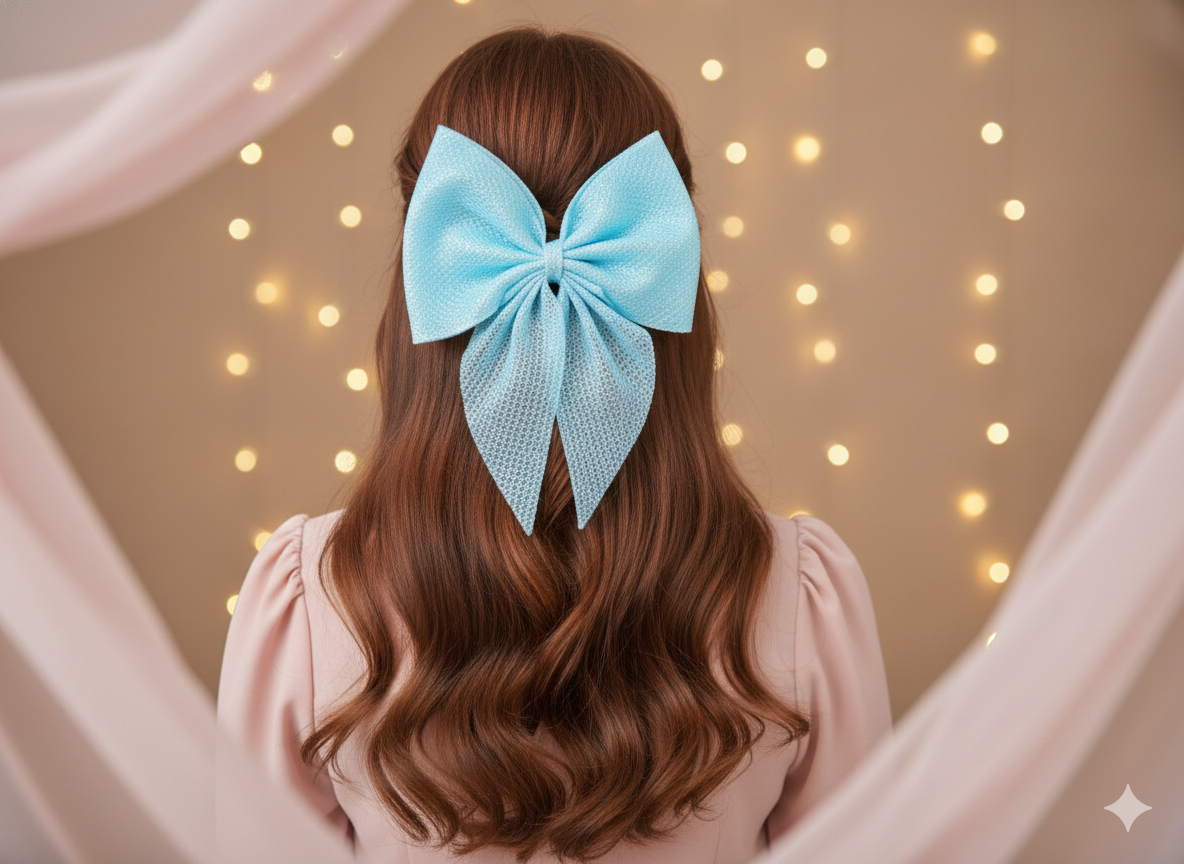 Blue Shimmering Metallic Ribbon Hair Bow Clip - Image 2