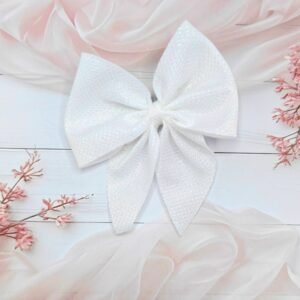 White Shimmering Metallic Ribbon Hair Bow Clip