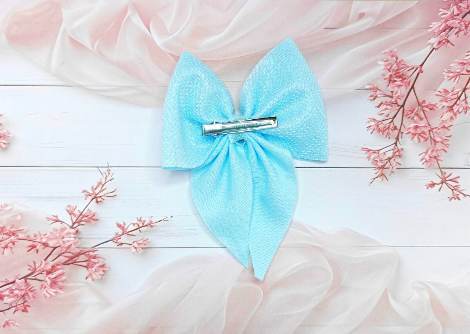 Blue Shimmering Metallic Ribbon Hair Bow Clip - Image 3