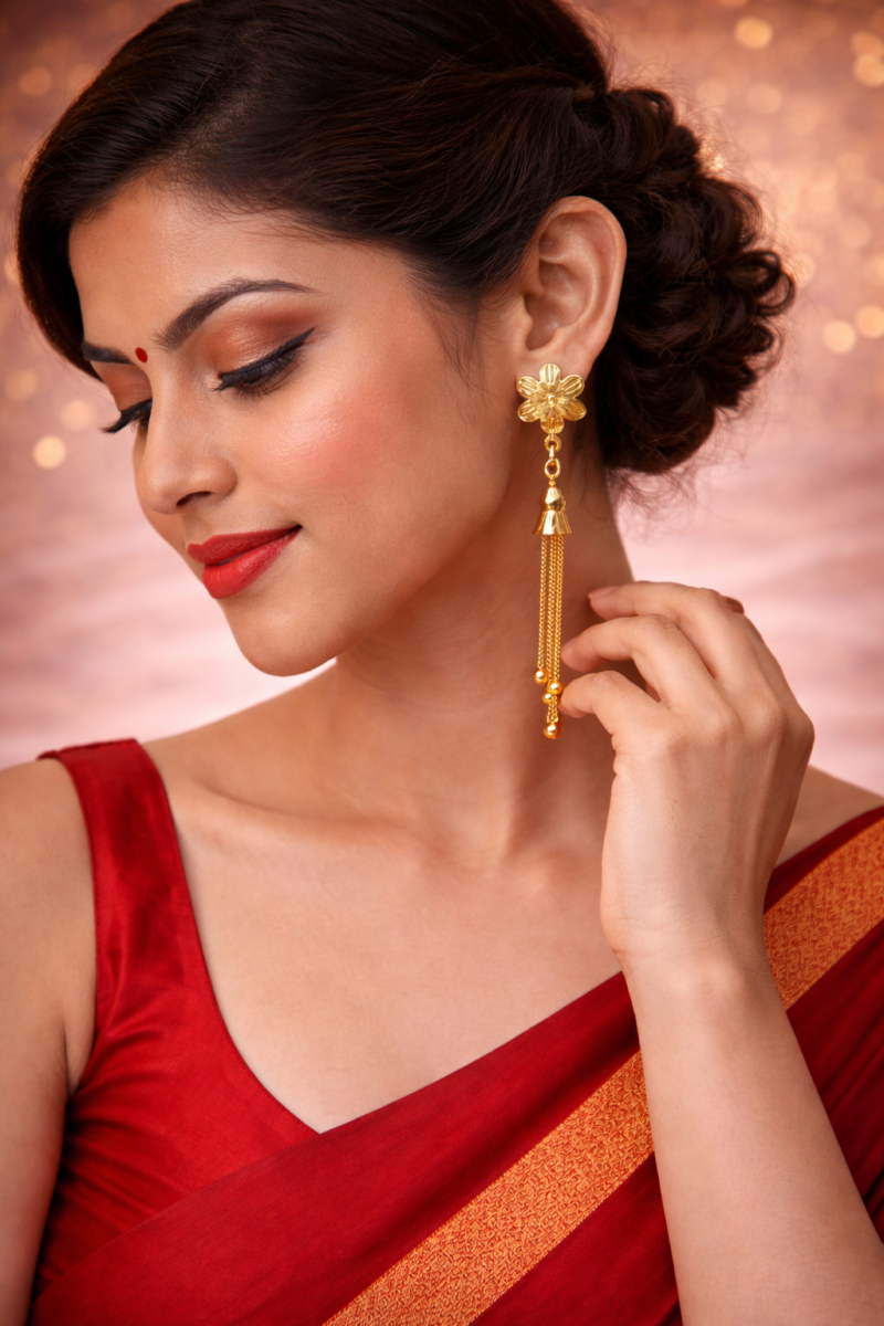 Gold-Plated Floral Tassel Drop Earrings for Women - Image 2