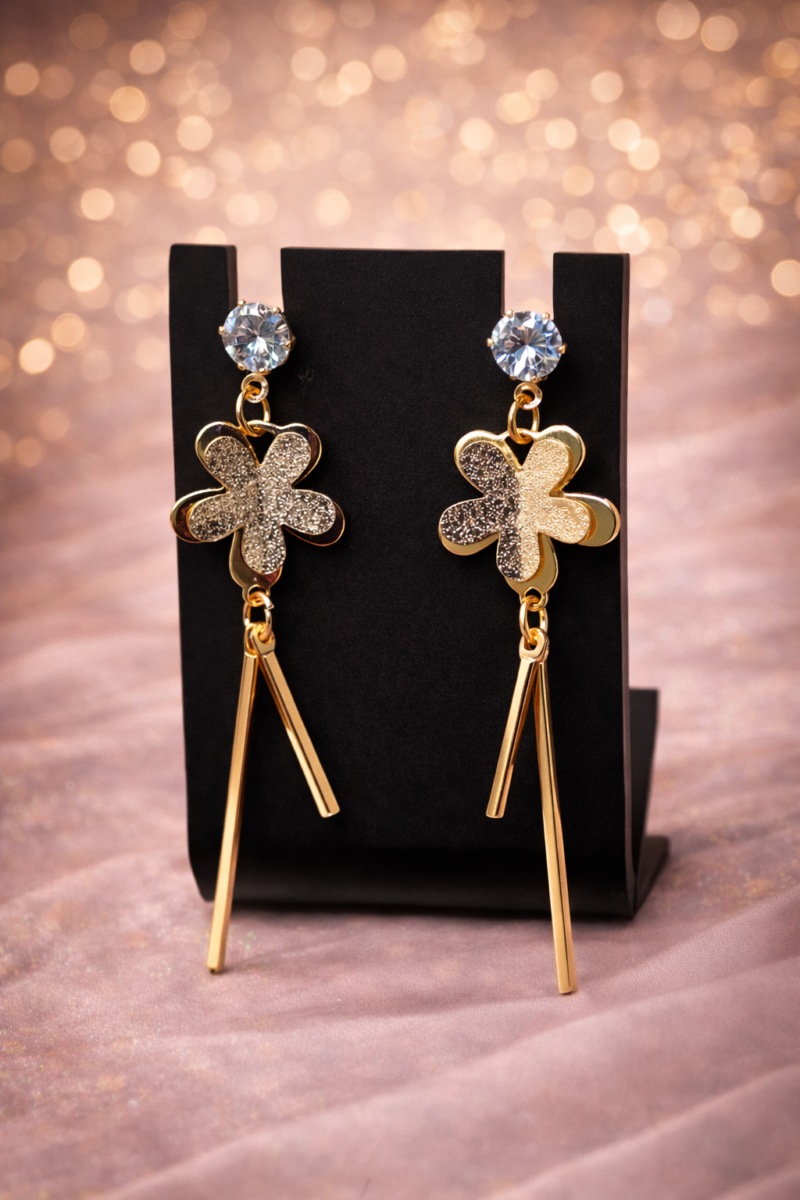 Gold-Plated Floral Dangle Earrings with Crystal Stud