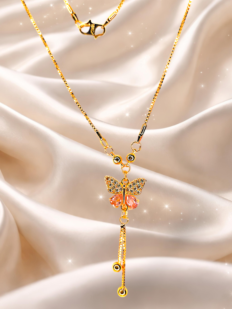 Gold-Plated Butterfly Pendant Necklace with AD Stones & Tassel