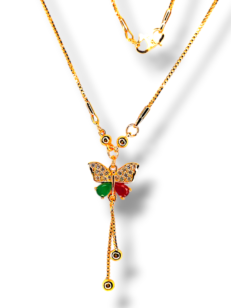 Gold-Plated Butterfly Necklace with Multicolor Stones & Tassel | AD Pendant - Image 2