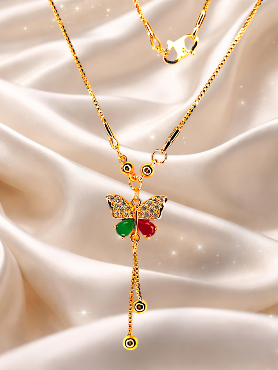 Gold-Plated Butterfly Necklace with Multicolor Stones & Tassel | AD Pendant